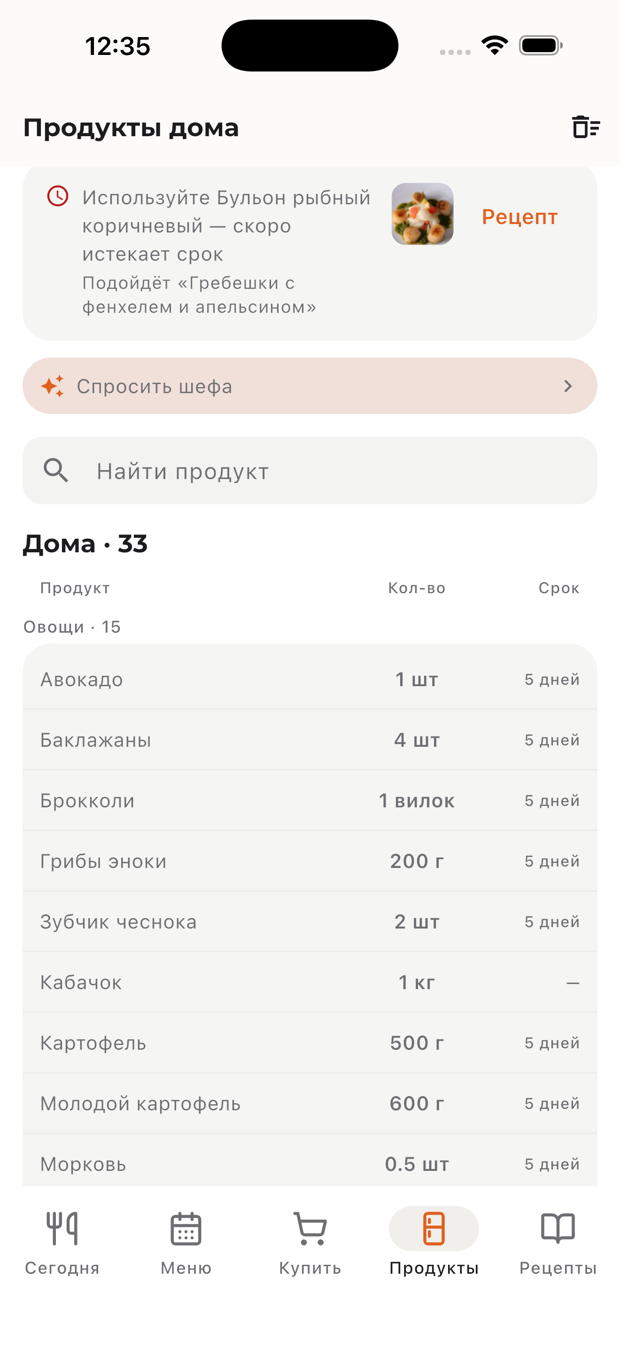 Экран «Продукты дома»: список того, что есть дома, с количеством и сроками
